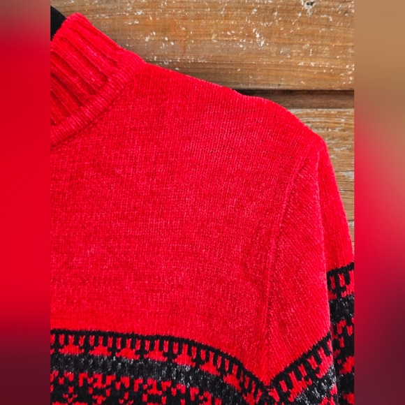 Vintage Jennifer Moore Chenille Black & Red High Neck Fairisle Christmas Sweater - Picture 10 of 15
